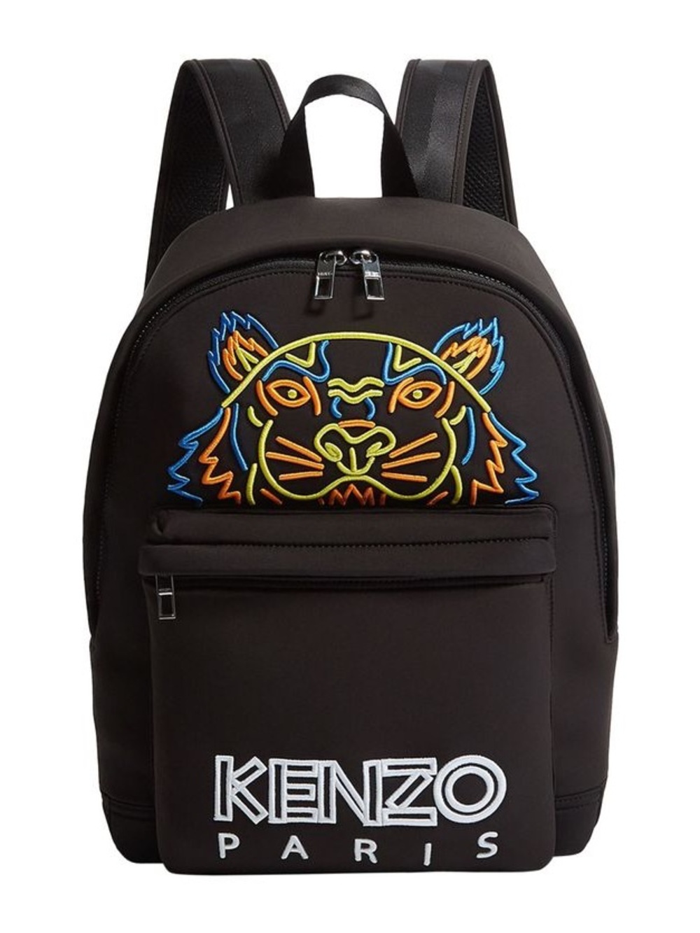 Kenzo Paris Black Neoprene Backpack with Multicolor Neon Tiger Embroidery